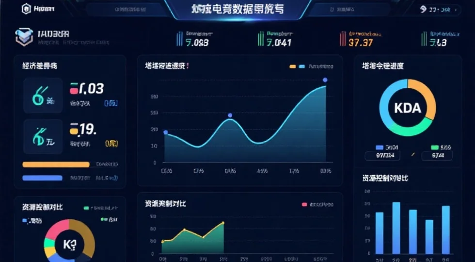 简洁的电竞数据面板,显示经济差曲线、塔破进度、KDA和资源控制对比,配有图表和关键数字